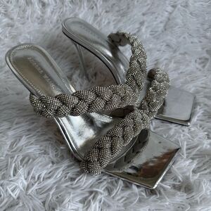 Azalea Wang Annabelle Silver Braided Crystal Embellished Stiletto Sandal Size 7